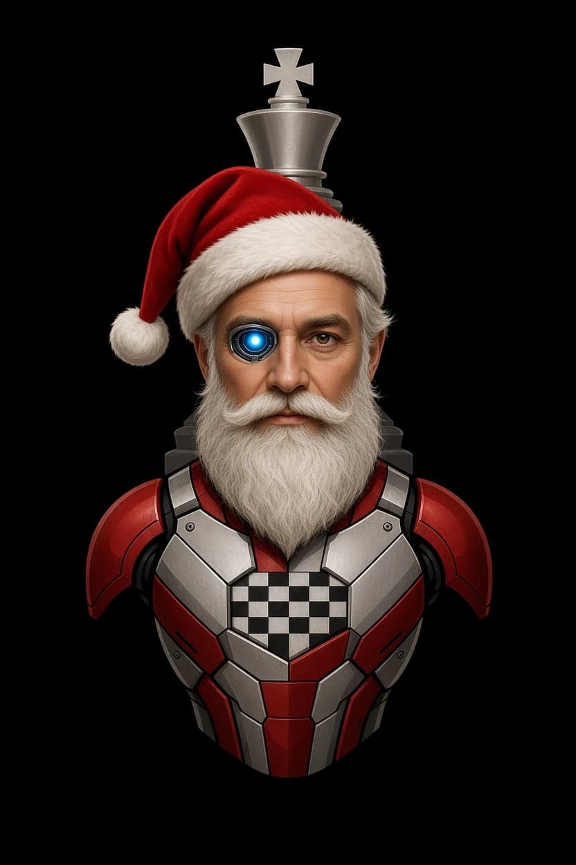 Grandie, the app's mascot: a cyborg Santa wearing a chess king's crown