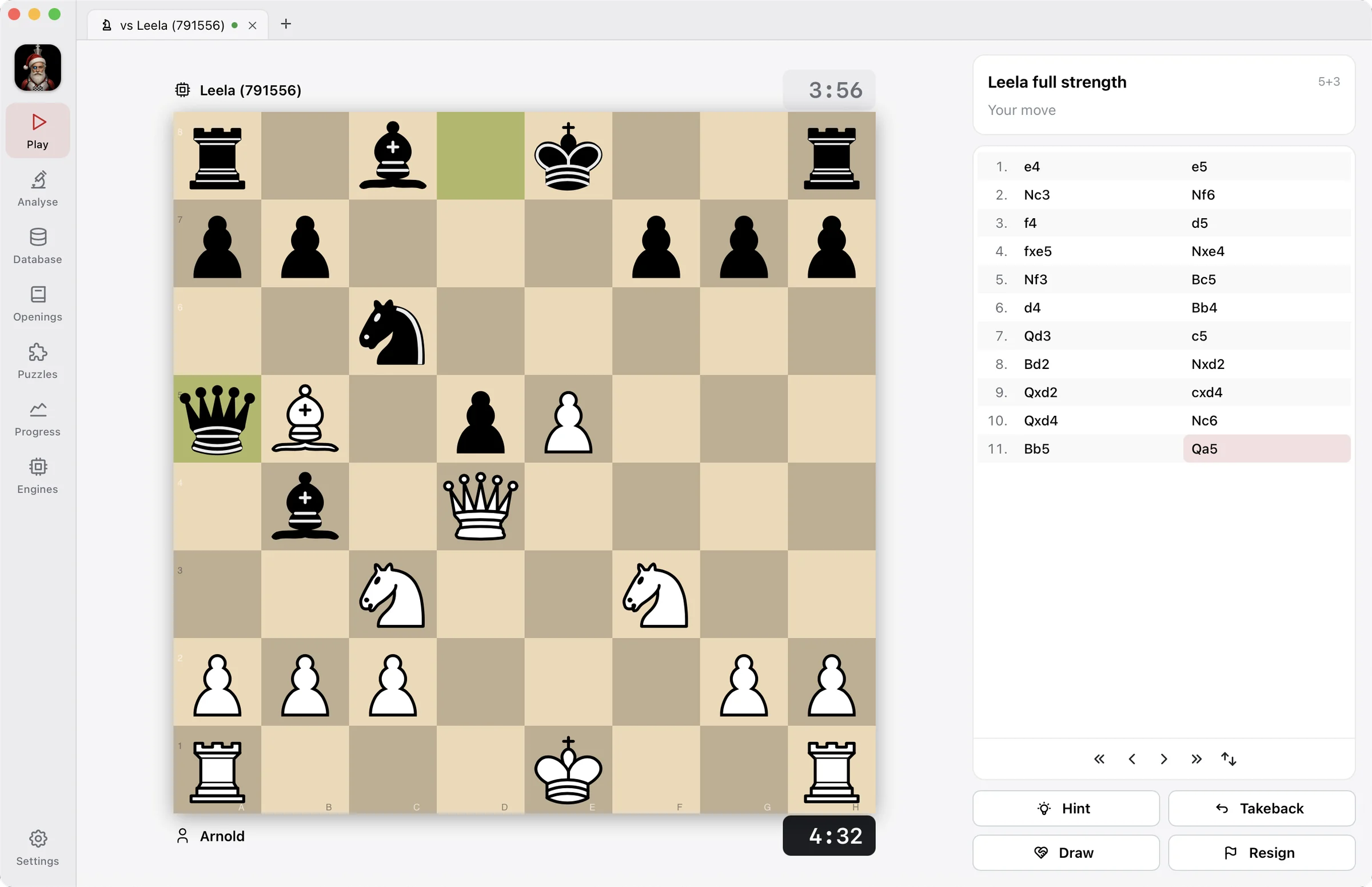 Grandie Chess during a game against Leela at full strength: the board, both clocks, the move list and the Hint, Takeback, Draw and Resign buttons